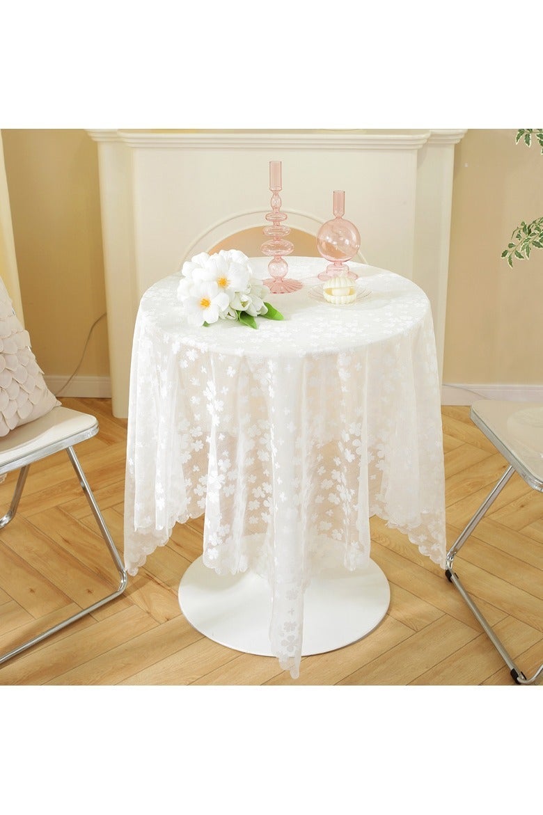 White French Lace Round Table Tablecloth Embroidered Gauze Cover Towel 100x100CM - Image 1