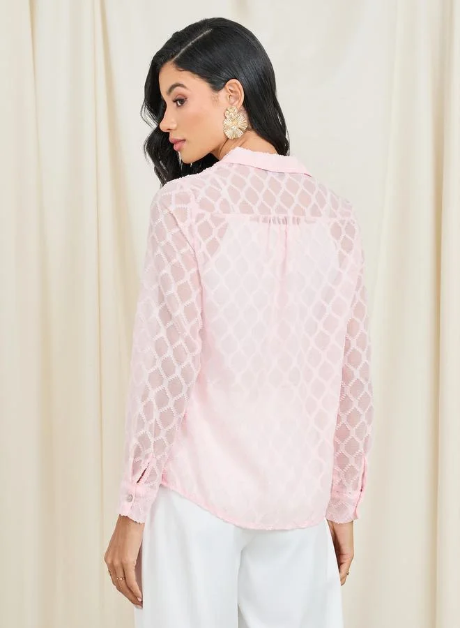 Styli Sheer Jacquard Detail Shirt with Long Sleeves