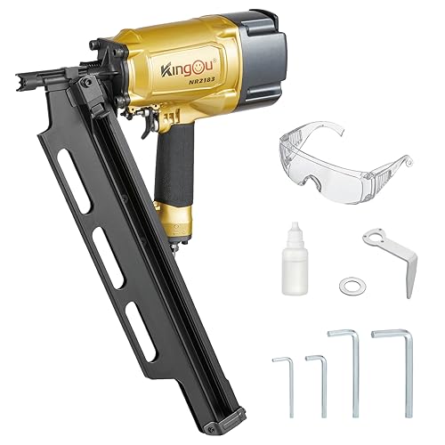KingOu NR2183 21 Degree Aluminum Magazine Pneumatic Framing nail gun 2Inch up to 314Inch Plastic Collated Full Head Framing Nails Framing Wooden House Building Fencing