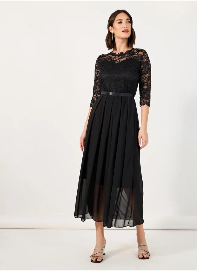 Styli Lace Insert 3/4th Sleeves A-Line Midi Dress