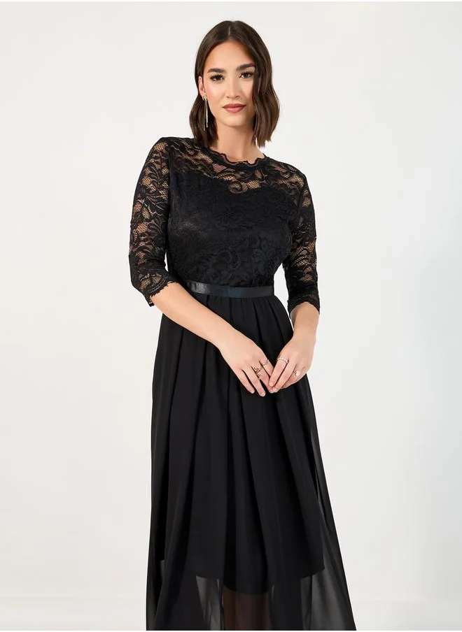 Styli Lace Insert 3/4th Sleeves A-Line Midi Dress