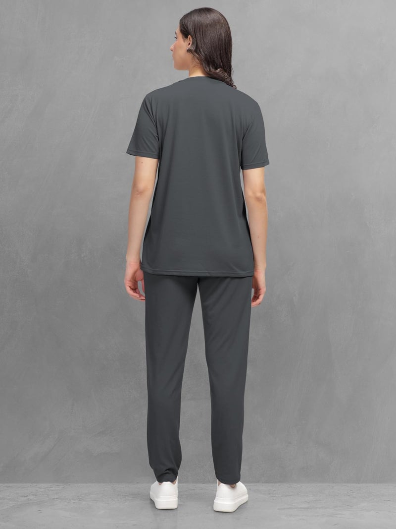 HELLCAT Cotton Blend Trendy Printed/Solid T Shirt With Pants Lounge Wear/Coords/Clothing Set For Women_Grey_Small - Image 3