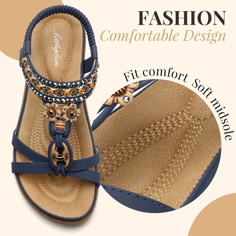 Littleplum Womens Sandals Arch Support Bohemian T-Strap Flower Rhinestone Sandals Women's Non Slip Summer Beach Flat Sandals Blue Size 10.5 - Image 5