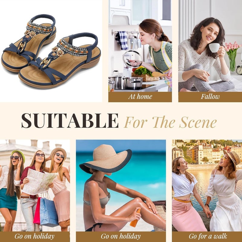 Littleplum Womens Sandals Arch Support Bohemian T-Strap Flower Rhinestone Sandals Women's Non Slip Summer Beach Flat Sandals Blue Size 10.5 - Image 2