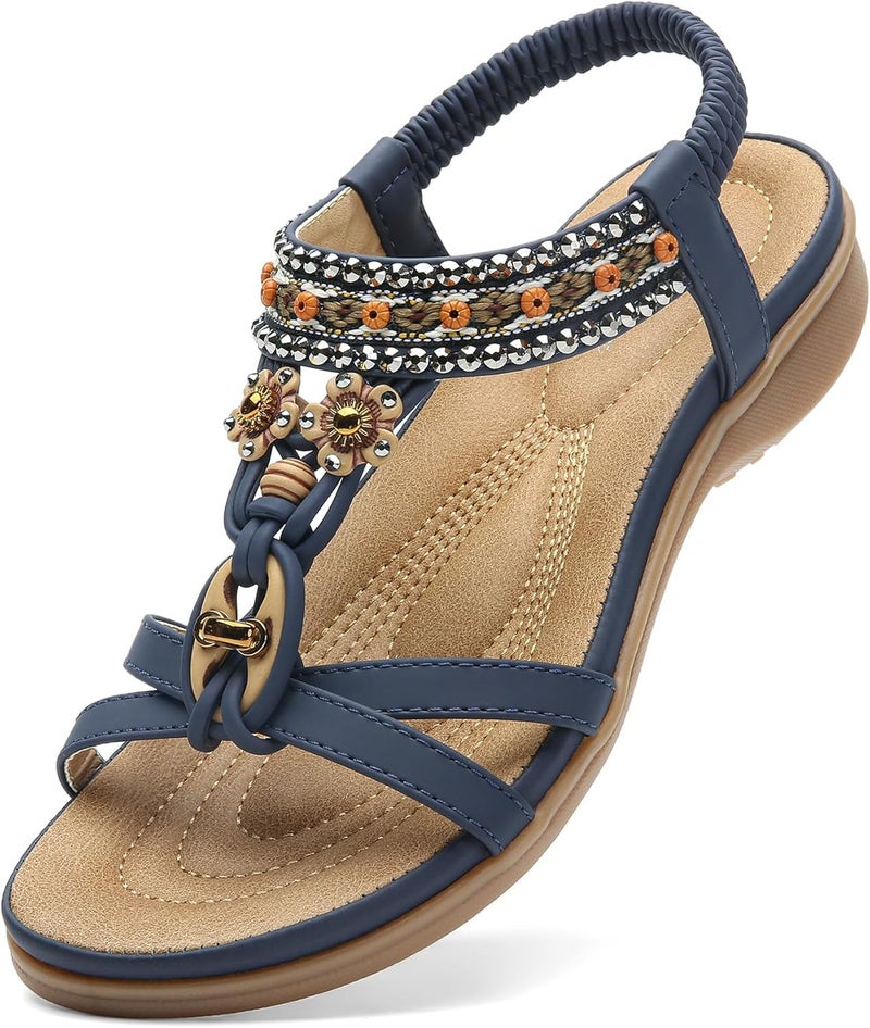 Littleplum Womens Sandals Arch Support Bohemian T-Strap Flower Rhinestone Sandals Women's Non Slip Summer Beach Flat Sandals Blue Size 10.5 - Image 1
