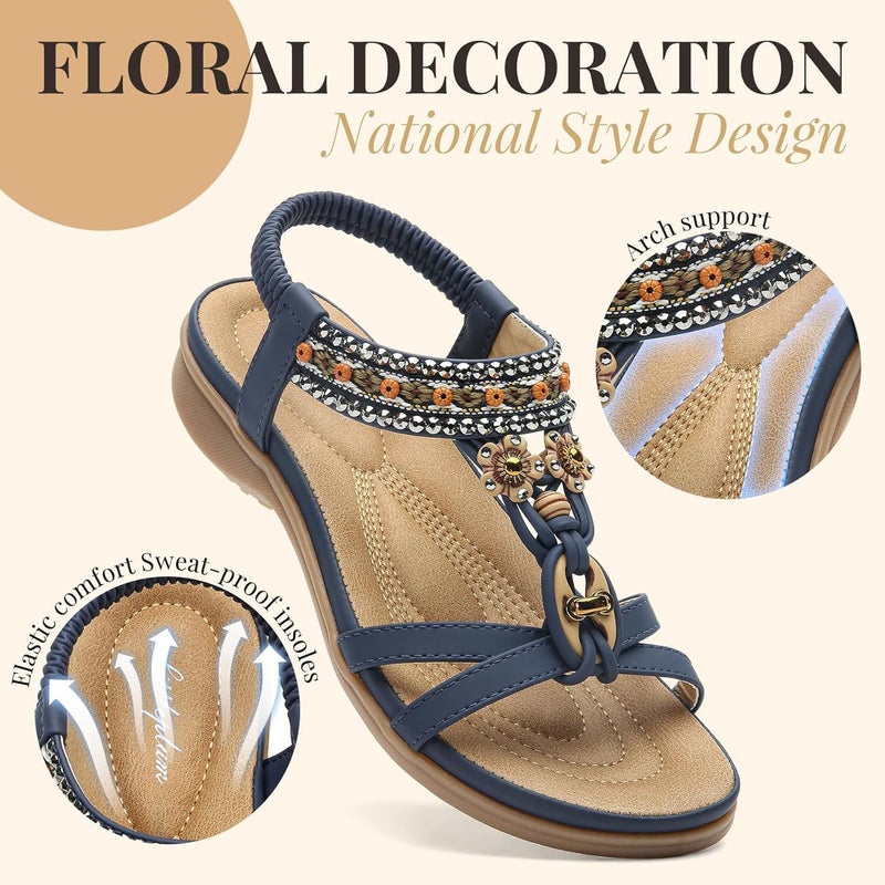 Littleplum Womens Sandals Arch Support Bohemian T-Strap Flower Rhinestone Sandals Women's Non Slip Summer Beach Flat Sandals Blue Size 10.5 - Image 4