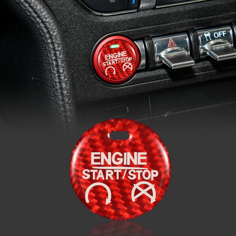غطاء زر تشغيل محرك السيارة من TOMALL مصنوع من ألياف الكربون متوافق مع فورد موستانج 2015-2019 غطاء زر بدء وإيقاف المحرك ملحقات ديكور داخلية حمراء