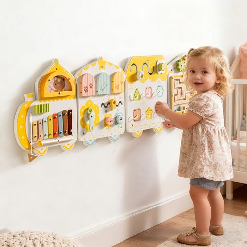 ROBUD Activity Wall Busy Board Spring Train Montessori Busy Board 12in1 Wooden Sensory Wall Panel Montessori Sensory Wall Panel for Boys Girls Ideal for Toddler Playroom Nursery Classroom - Image 5