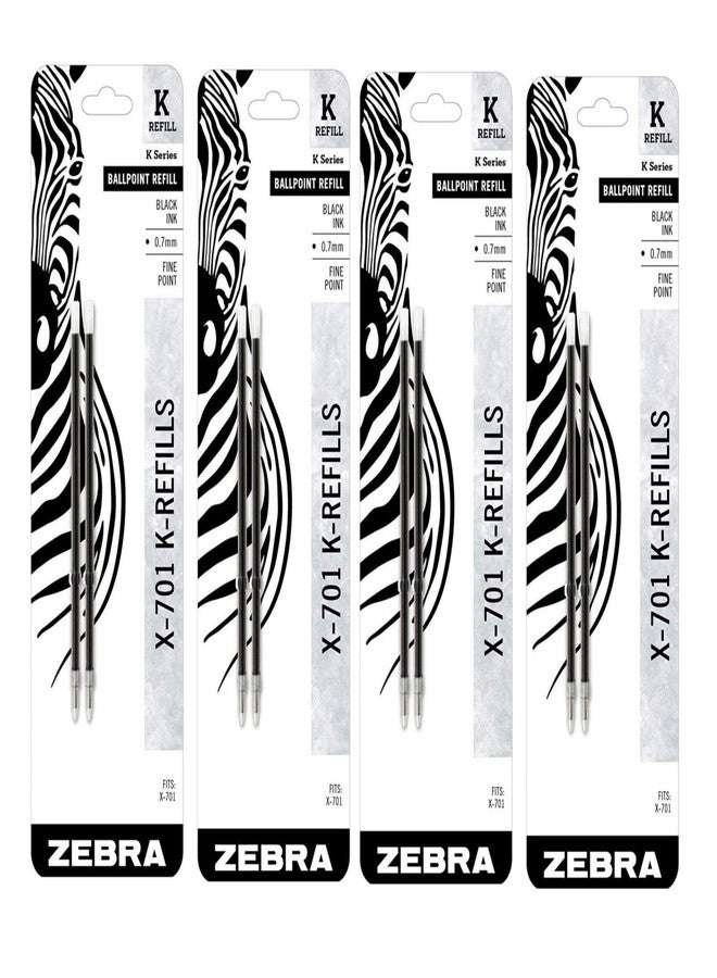 Zebra Pen Ballpoint Pen Refills K-Refills For X-701, 0.7 mm, Black ink, 4 Pack, 8 refills total