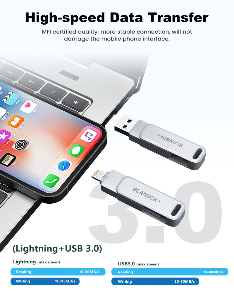 BLANBOK+ MFi Certified 256GB Flash Drive for iPhone Photo Stick, USB Memory Stick High Speed iPhone Flash Drive, External Memory Storage USB Stick Thumb Drive for iPhone/iPad/Android/PC (Metallic Silver) - Image 5