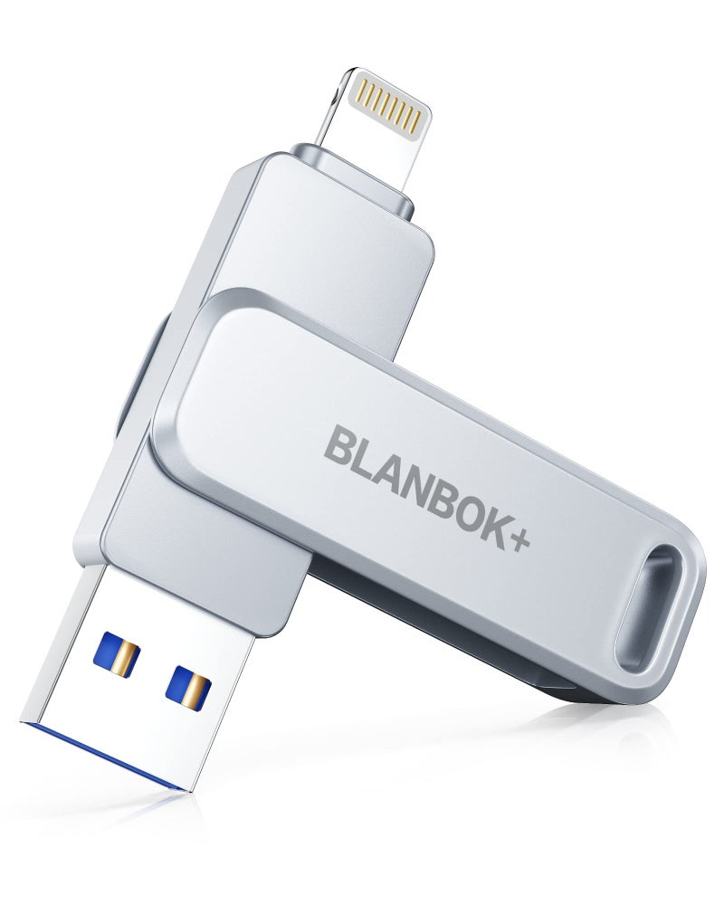 BLANBOK+ MFi Certified 256GB Flash Drive for iPhone Photo Stick, USB Memory Stick High Speed iPhone Flash Drive, External Memory Storage USB Stick Thumb Drive for iPhone/iPad/Android/PC (Metallic Silver) - Image 1