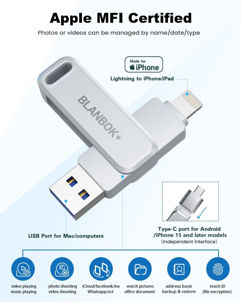 BLANBOK+ MFi Certified 256GB Flash Drive for iPhone Photo Stick, USB Memory Stick High Speed iPhone Flash Drive, External Memory Storage USB Stick Thumb Drive for iPhone/iPad/Android/PC (Metallic Silver) - Image 2