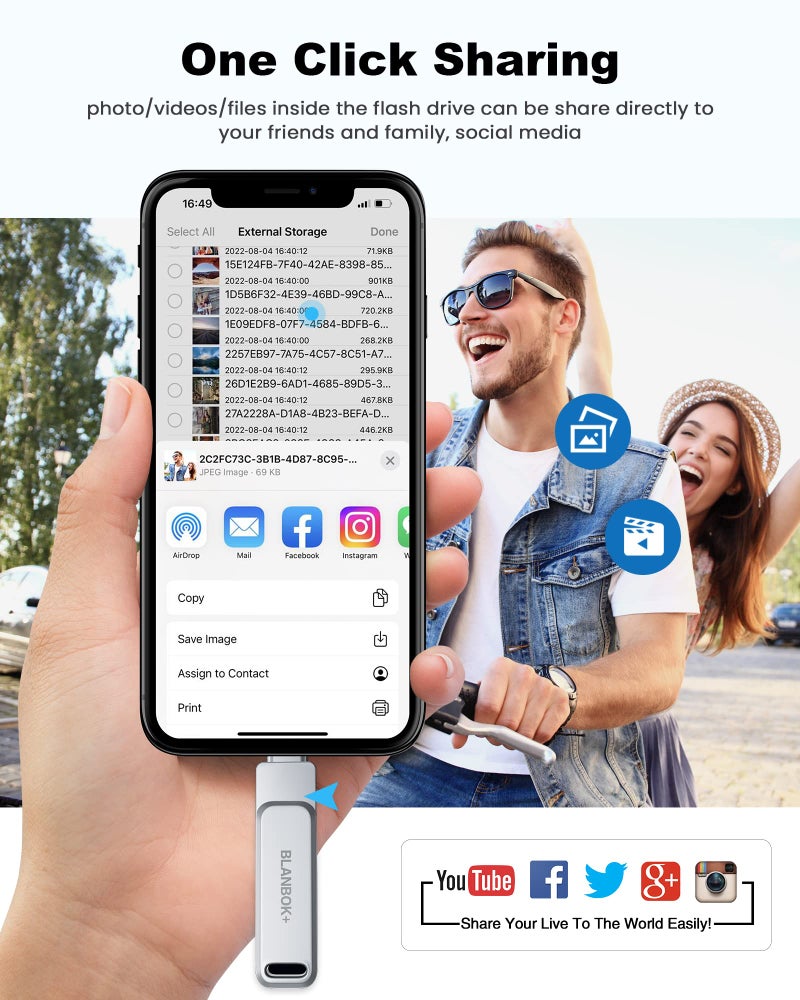 BLANBOK+ MFi Certified 256GB Flash Drive for iPhone Photo Stick, USB Memory Stick High Speed iPhone Flash Drive, External Memory Storage USB Stick Thumb Drive for iPhone/iPad/Android/PC (Metallic Silver) - Image 4