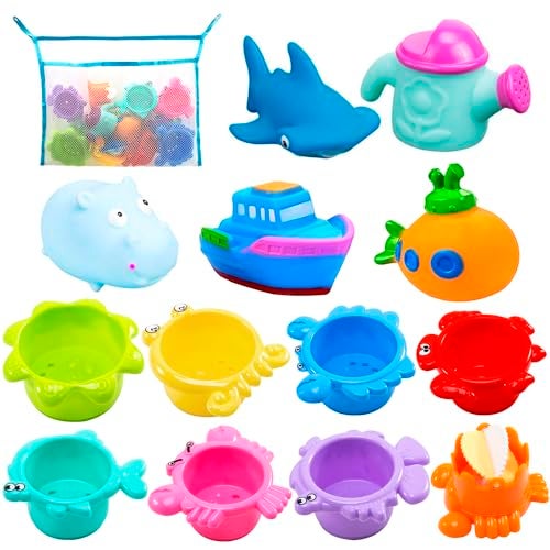 INNOCHEER Baby Bath Toys for Toddlers, Water Table Toys with Mold Free Stacking Cups, Quick Dry Organizer Net, 13 Pcs Bathtub Game, Beach and Pool Party - Image 1