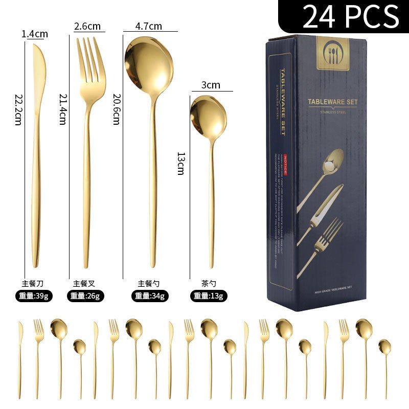 24-Piece Stainless Steel Western Dinnerware Set with Gold-Finish Storage Rack - Perfect Gift for Adults