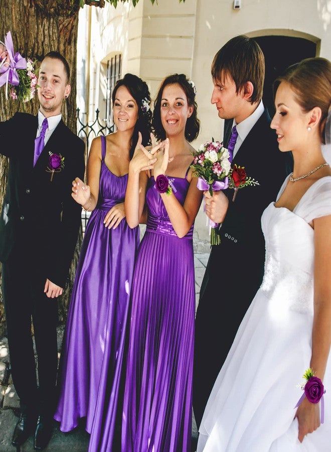 Aoriher 4 Pcs Wedding Party Corsage and Boutonniere Set, 2 Rose Wrist Corsage Wristlet Band for Prom Bridesmaid Bride Decor and 2 Groom Men Boutonniere(Purple) - Image 3