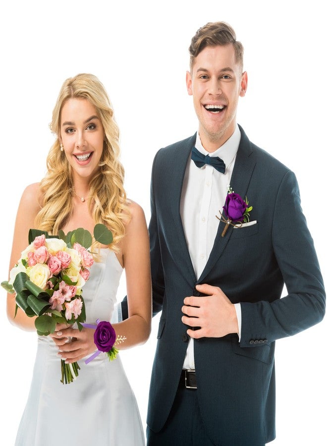 Aoriher 4 Pcs Wedding Party Corsage and Boutonniere Set, 2 Rose Wrist Corsage Wristlet Band for Prom Bridesmaid Bride Decor and 2 Groom Men Boutonniere(Purple) - Image 5