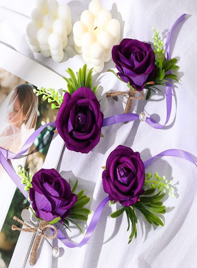 Aoriher 4 Pcs Wedding Party Corsage and Boutonniere Set, 2 Rose Wrist Corsage Wristlet Band for Prom Bridesmaid Bride Decor and 2 Groom Men Boutonniere(Purple) - Image 4