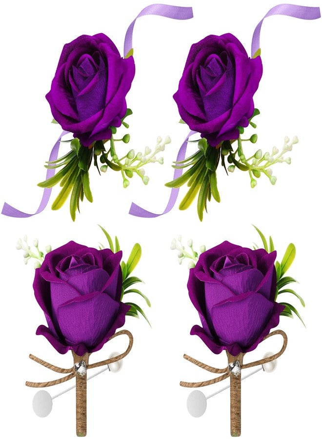 Aoriher 4 Pcs Wedding Party Corsage and Boutonniere Set, 2 Rose Wrist Corsage Wristlet Band for Prom Bridesmaid Bride Decor and 2 Groom Men Boutonniere(Purple) - Image 1
