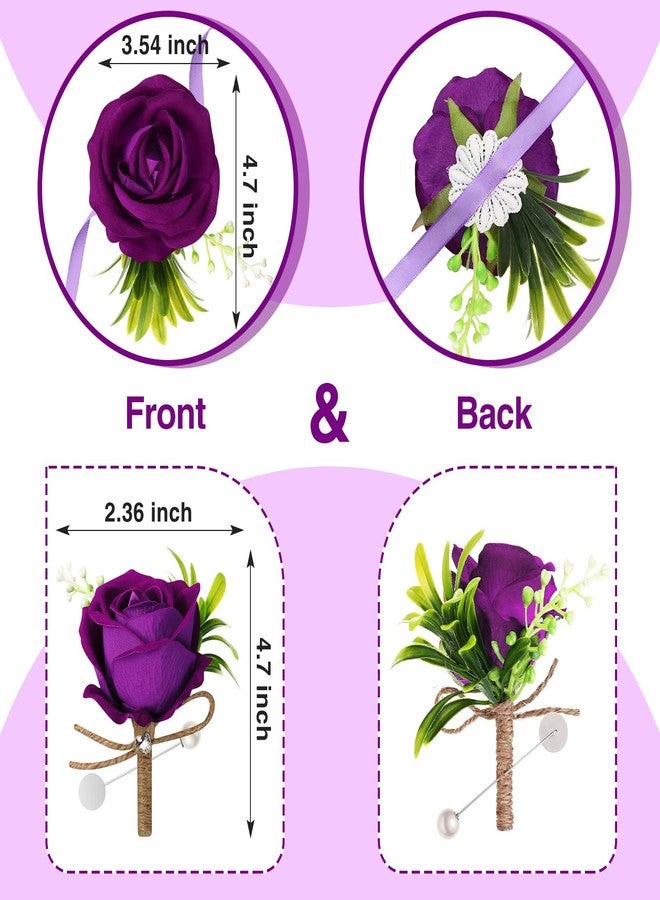 Aoriher 4 Pcs Wedding Party Corsage and Boutonniere Set, 2 Rose Wrist Corsage Wristlet Band for Prom Bridesmaid Bride Decor and 2 Groom Men Boutonniere(Purple) - Image 2