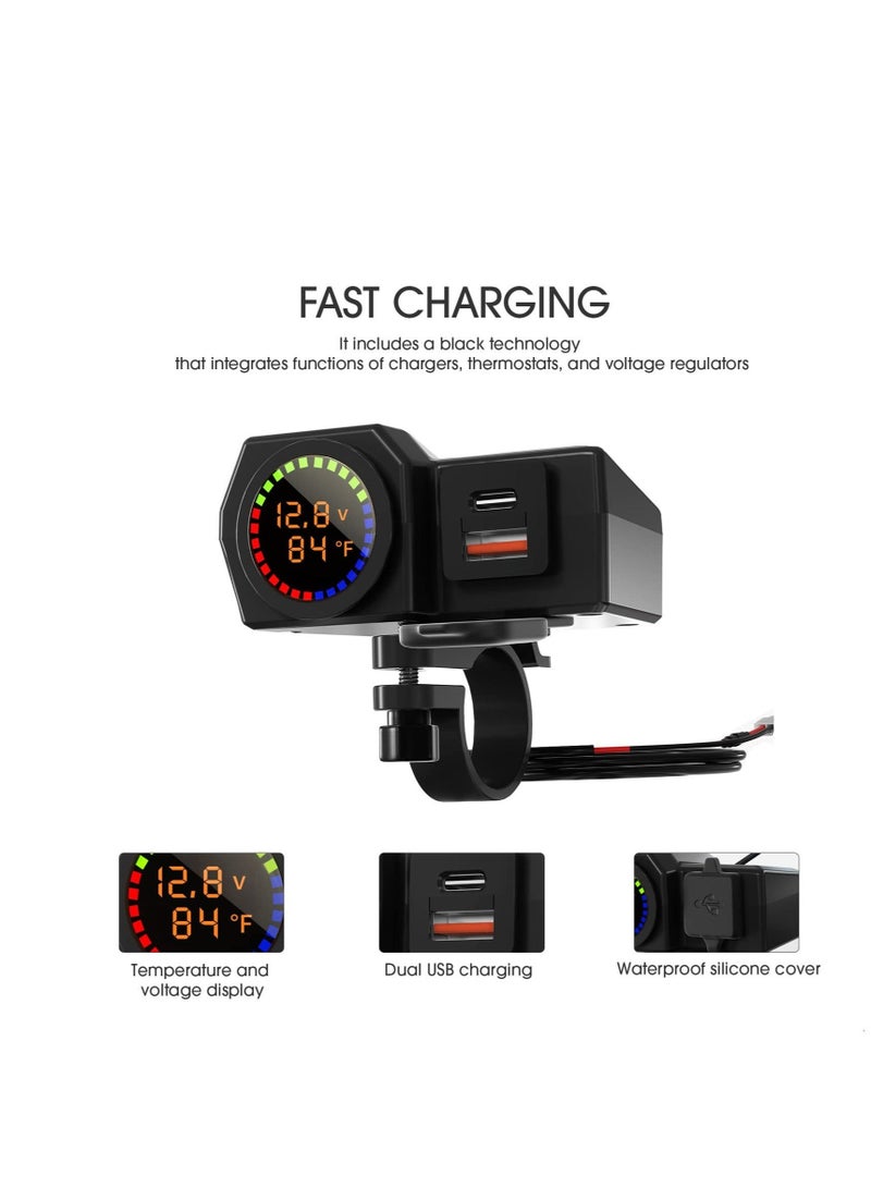 Captaintech Motorcycle Phone Charger, Motorcycle Waterproof 3 in 1 USB Charger, With Voltmeter and Thermometer, Fast Charge QC 3.0/2.0 and PD, 12V for Motorcycle ATV UTV (7/8inch Handlebar) - Image 2