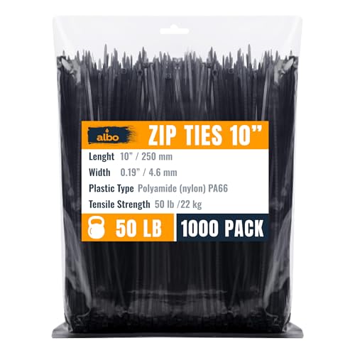 ALBO Zip Ties Black 10 Inch 1000 Pack 50 lb, Long Plastic Cable Ties Thick 0.19 Inch Tie Wraps Heavy Duty UV Resistant Nylon Wire Ties for Indoor and Outdoor - Image 1
