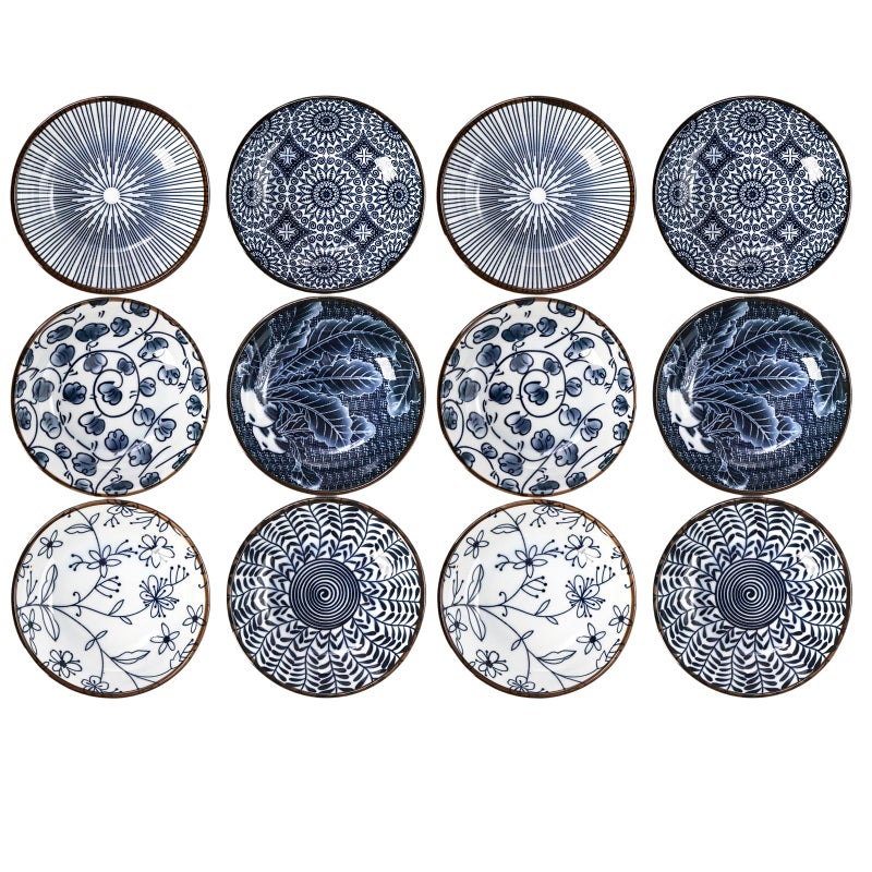 ZENFUN 12 Pcs Soy Sauce Dishes, Tiny Bowls, 3 oz Dipping Bowls for Condiment Sushi, Elegant Mini Bowl for Side Dish, Ketchup, Appetizer Plates, Ceramic, Blue and White - Image 1
