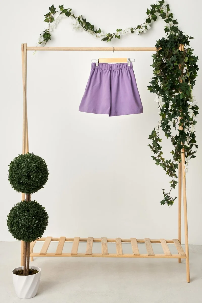 Babygiz Lilac Girls' Elastic Waist Pocket Soft Comfortable Lightweight 100% Cotton Combed Cotton Shorts