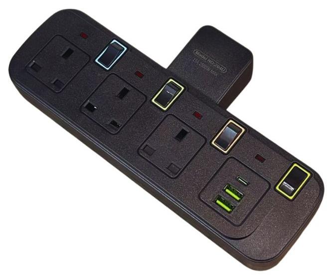 مقبس تمديد متعدد المقابس بثلاثة اتجاهات، موسع منفذ كهربائي ثلاثي الاتجاهات مع منفذي USB 1PD من النوع C، شاحن حائط، محول قابس عالمي، محطة شحن للمنزل والمكتب والمطبخ، يتم تبديله بشكل فردي، مقبس تمديد عالي التحمل 13 أمبير مع مصراع أمان ((3UK-2USB 1PD Type C)) ((أسود)) - Image 1