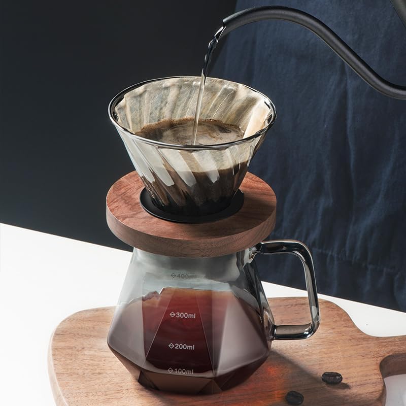 Moonmen V60 Pour Over Coffee Maker Dripper Set, 600ml Glass Coffee Server Pot Size 02, V60 Glass Coffee Dripper with Wood Stand Dripper for Home Office Carafe Gift-Grey (Diamond Style with Paper) - Image 4