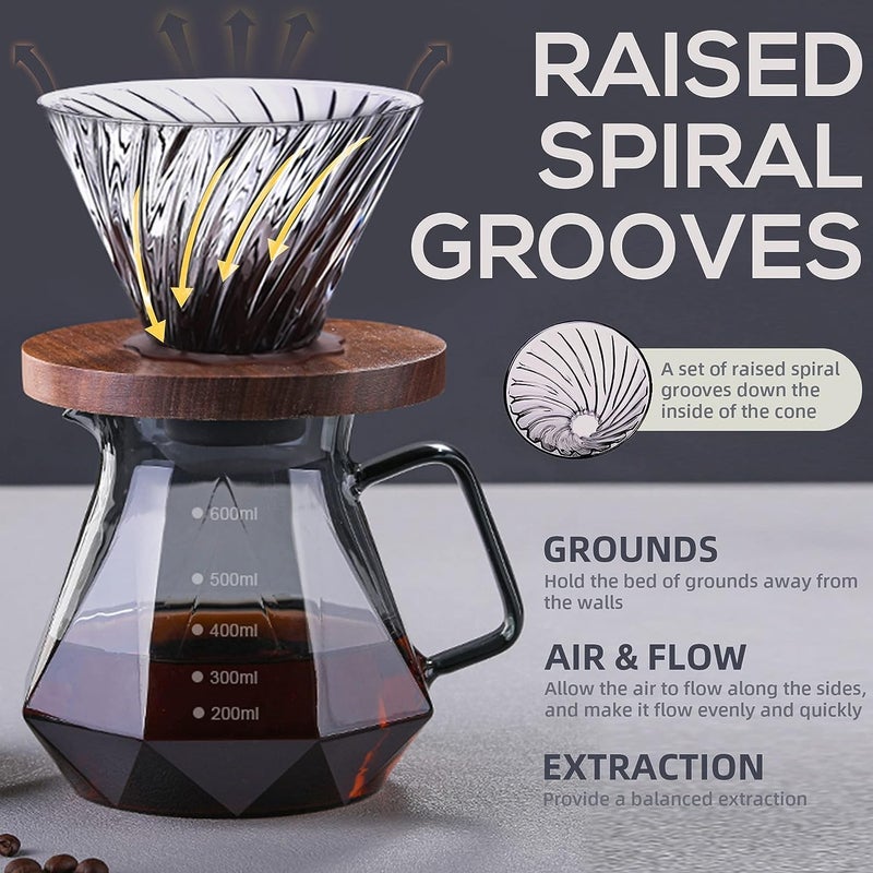 Moonmen V60 Pour Over Coffee Maker Dripper Set, 600ml Glass Coffee Server Pot Size 02, V60 Glass Coffee Dripper with Wood Stand Dripper for Home Office Carafe Gift-Grey (Diamond Style with Paper) - Image 2