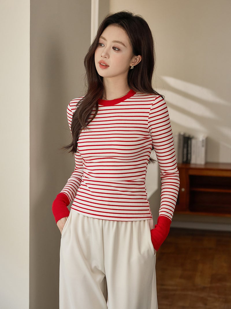 # High-Quality Products # High-Bottom Contrast Stripesd T-Shirt Women'S Long-Sleeved 2025 Style Pure Cotton Bottoming Shirt - Image 5