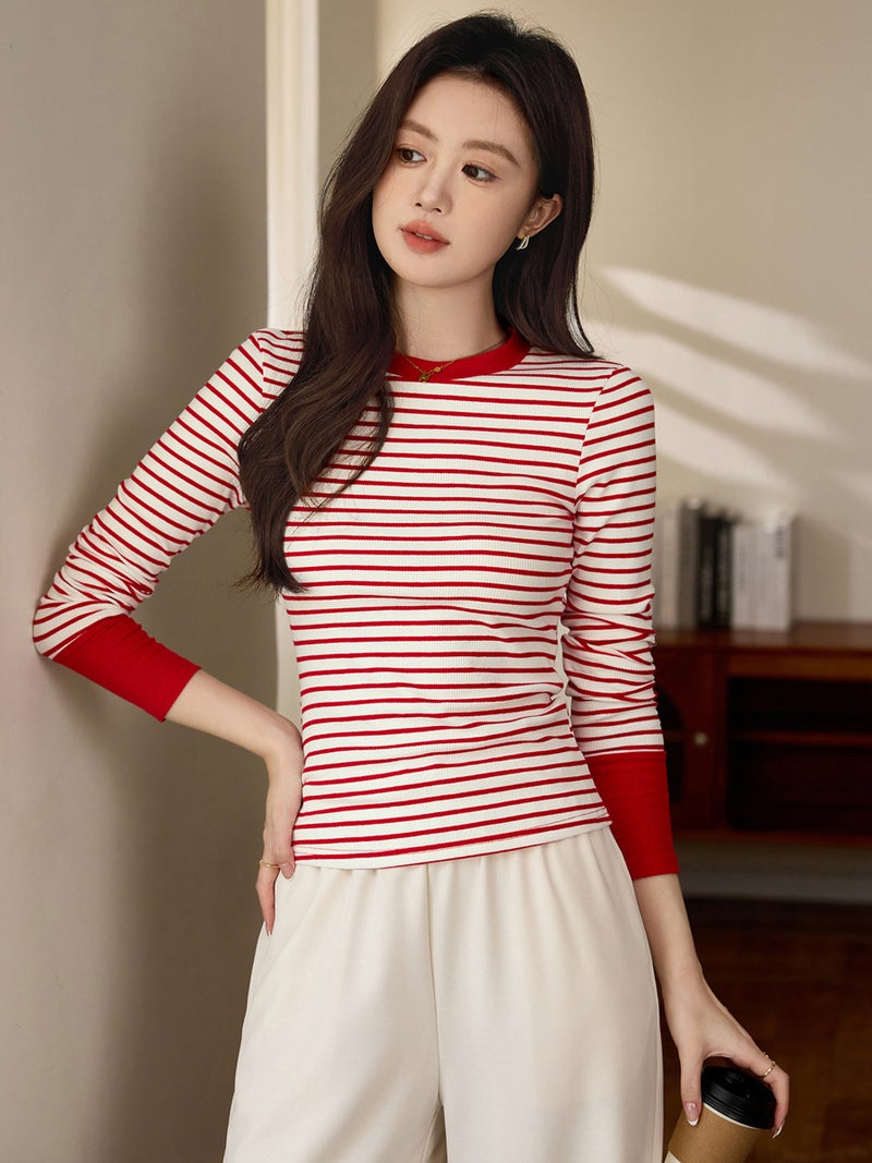 # High-Quality Products # High-Bottom Contrast Stripesd T-Shirt Women'S Long-Sleeved 2025 Style Pure Cotton Bottoming Shirt - Image 4