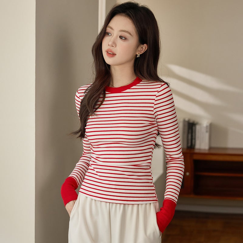 # High-Quality Products # High-Bottom Contrast Stripesd T-Shirt Women'S Long-Sleeved 2025 Style Pure Cotton Bottoming Shirt - Image 1