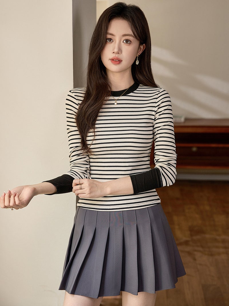 # High-Quality Products # High-Bottom Contrast Stripesd T-Shirt Women'S Long-Sleeved 2025 Style Pure Cotton Bottoming Shirt - Image 3