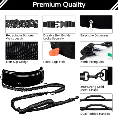 Skmeditec Hands Free Dog Leash with Waist Bag for Large Dog Walking, Shock Absorbing Bungee Leash with Zipper Pouch for Running, Dual Padded Handles & Adjustable Waist Belt - Image 5