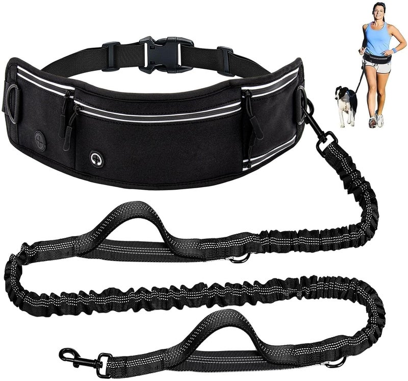 Skmeditec Hands Free Dog Leash with Waist Bag for Large Dog Walking, Shock Absorbing Bungee Leash with Zipper Pouch for Running, Dual Padded Handles & Adjustable Waist Belt - Image 1