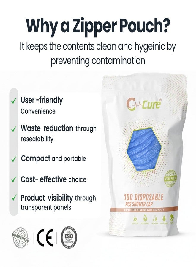 C-Cure Disposable Shower Cap |Waterproof Bath Cap for Women and Men |Size 18” Large, Keeps hair Dry, use and throw Shower Cap, for use at Home, Hotel, Hair Dye, Salon & Spa (Blue Pack of 100) - Image 2