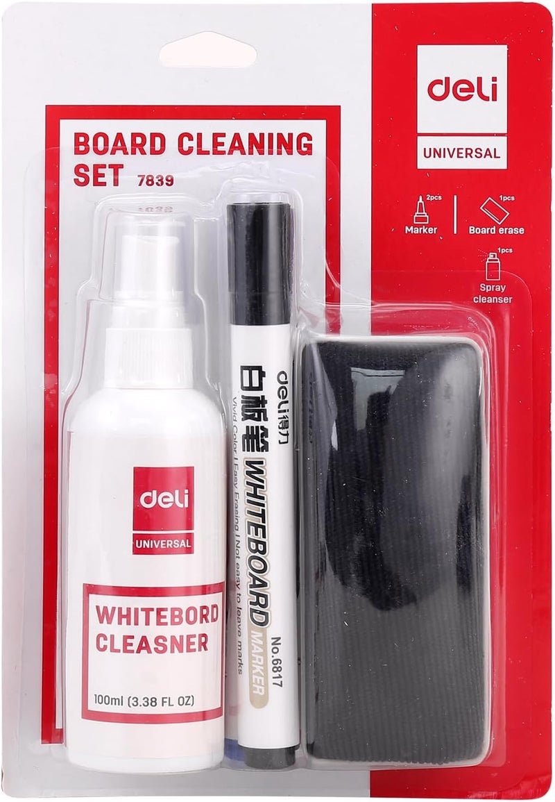 Deli Whiteboard Cleaning Kit (100 Ml Cleaning Spray, 2 Dry Erase Pens (Bullet Tip 2 Mm, Black And Blue), 1 Anti-Static Eraser For Light Gray Board - Image 1