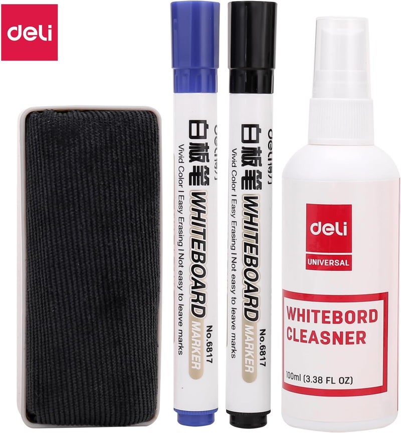 Deli Whiteboard Cleaning Kit (100 Ml Cleaning Spray, 2 Dry Erase Pens (Bullet Tip 2 Mm, Black And Blue), 1 Anti-Static Eraser For Light Gray Board - Image 2