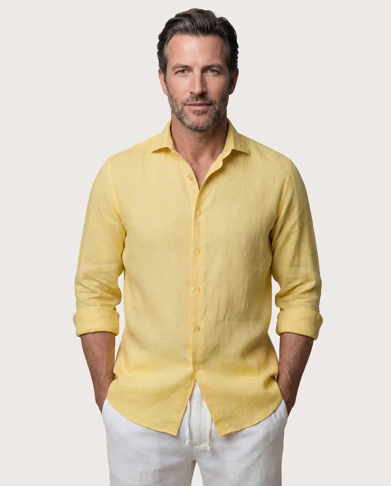 كاميتشسما Trendy Yellow Linen Slim Comfort Shirt