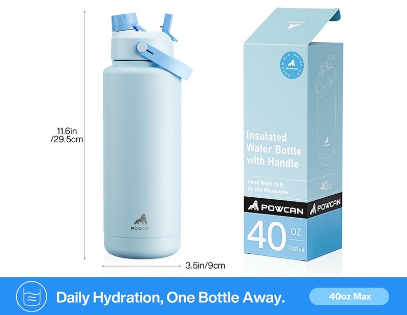 POWCAN 40 oz Insulated Water Bottle with 2-in-1 Straw and Spout Lid, Keep Cold 24H, Leak-Proof, BPA-Free, Double Wall Stainless Steel Water Bottle for Sports, Gym, Travel, and School (Sea Breeze) - Image 5