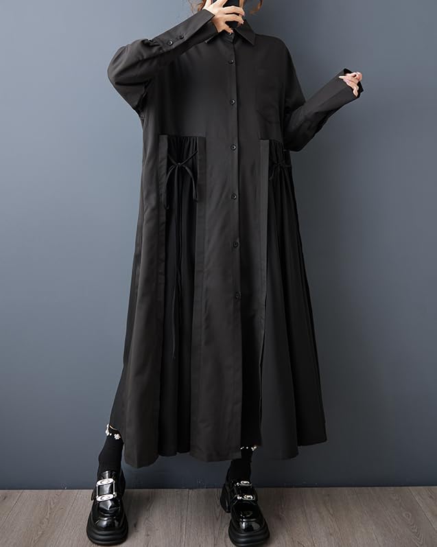 ellazhu Women's Shirt Dress Lapel Button Down Oversize Long Sleeve Solid GZ603 A - Image 2