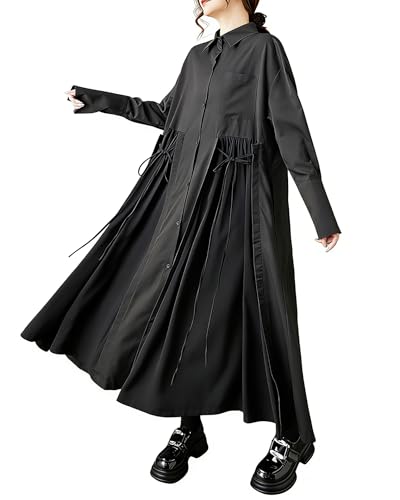 ellazhu Women's Shirt Dress Lapel Button Down Oversize Long Sleeve Solid GZ603 A - Image 1