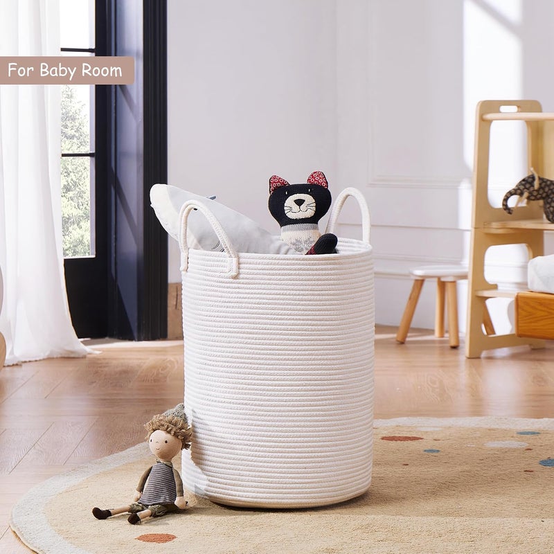 MOJOSCEND White Woven Cotton Rope Hamper Basket, 15x20 inches Tall, Large Clothes Hamper for Bedroom & College Dorm, Kids Laundry Basket - Image 4