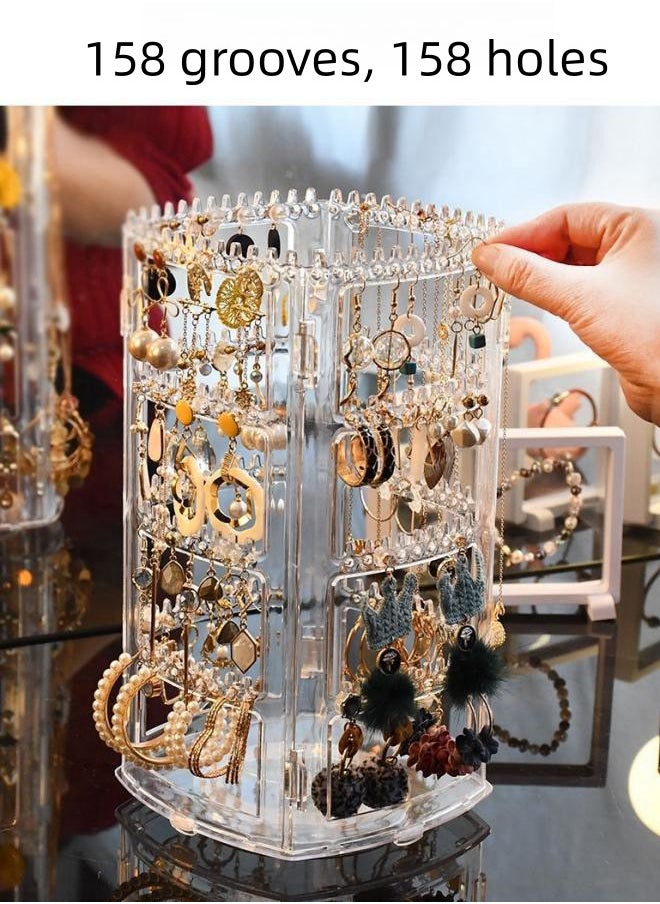 WAOKN - 360 Rotating Earring Holder and Jewelry Organizer, 4 Tiers Jewelry Rack Display Classic Stand, 158 Holes and 158 Grooves for Necklaces Earrings Piercings, Clear - Image 1
