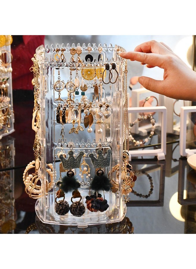WAOKN - 360 Rotating Earring Holder and Jewelry Organizer, 4 Tiers Jewelry Rack Display Classic Stand, 158 Holes and 158 Grooves for Necklaces Earrings Piercings, Clear - Image 1