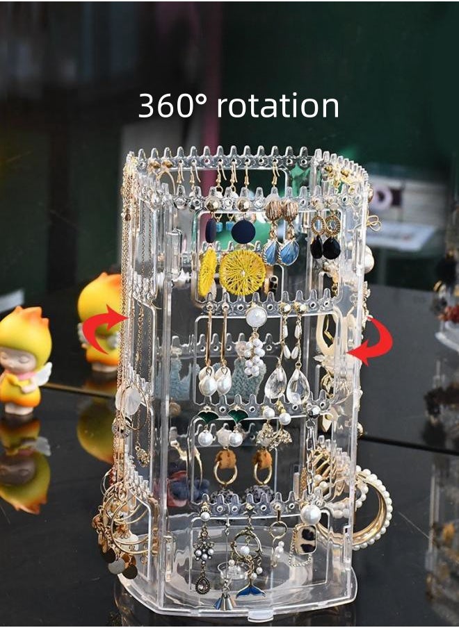 WAOKN - 360 Rotating Earring Holder and Jewelry Organizer, 4 Tiers Jewelry Rack Display Classic Stand, 158 Holes and 158 Grooves for Necklaces Earrings Piercings, Clear - Image 1