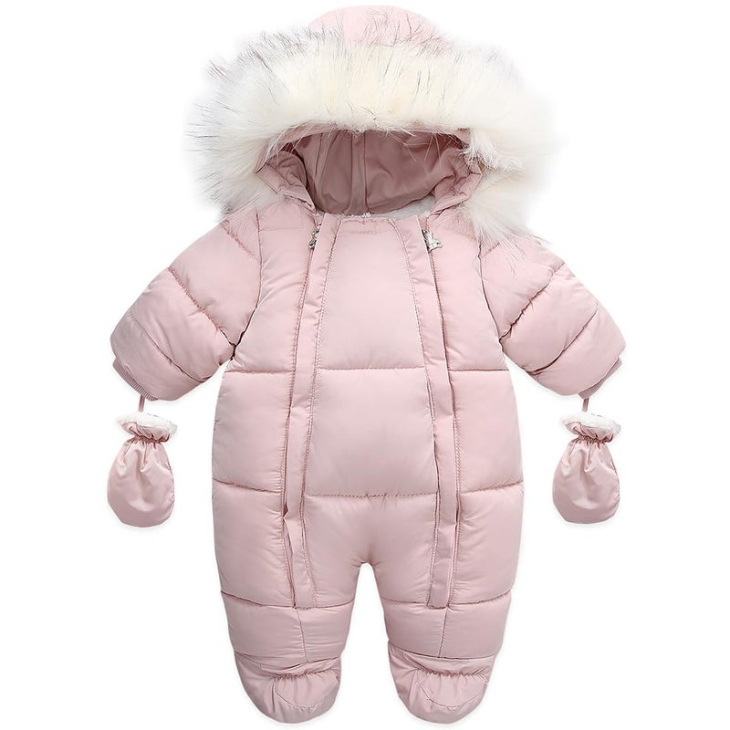 Infant Baby Winter Snowsuit Hooded Warm Coat Zip Footed Romper Jumpsuit with Gloves for Boys Girls Pink 69 Months