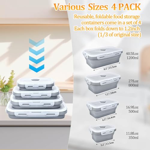 DGDUBRB Collapsible Food Storage Containers with Lids, Silicone Meal Prep Containers BPA Free, Lunch Containers Collapsible Bowls Sets for Camping Storage Containers, Microwave Freezer Dishwasher Safe, Gray - Image 2